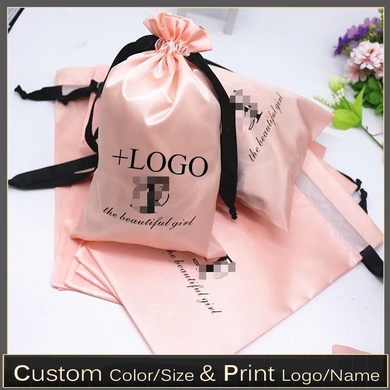 Baby Zebra Clothing - 20PCS เด็กสีชมพูผ้าไหมซาตินกระเป๋าผม/วิกผม/สินค้า/แต่งหน้าบรรจุภัณฑ์กระเป๋าที่กำหนดเองพิมพ์โลโก้ของขวัญกระเป๋า